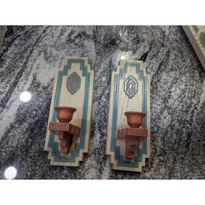 Vintage Home Interior Homco Santa Fe Aztec Candle Holder Wall Sconces Pair 1995